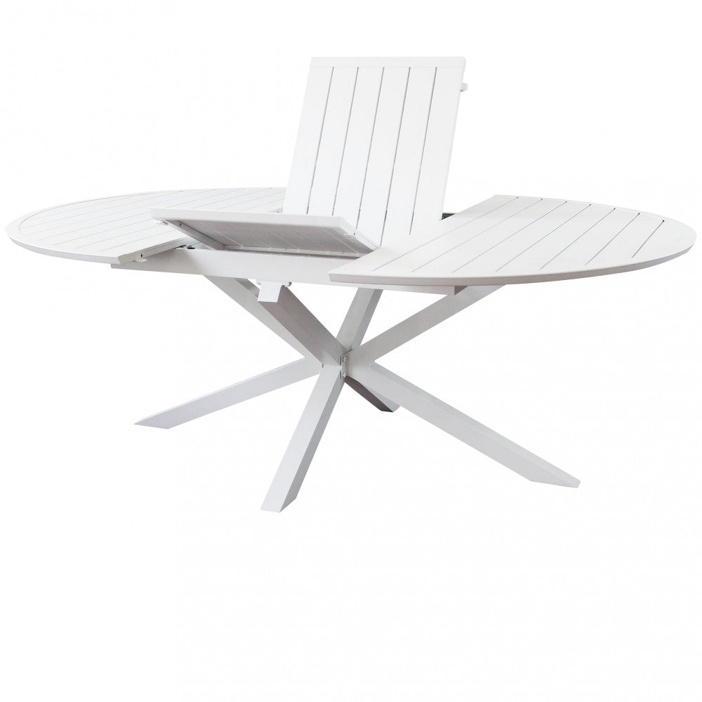 Tavolo rotondo allungabile da esterno Camelot bianco in alluminio, diametro variabile da 150 a 204 cm.