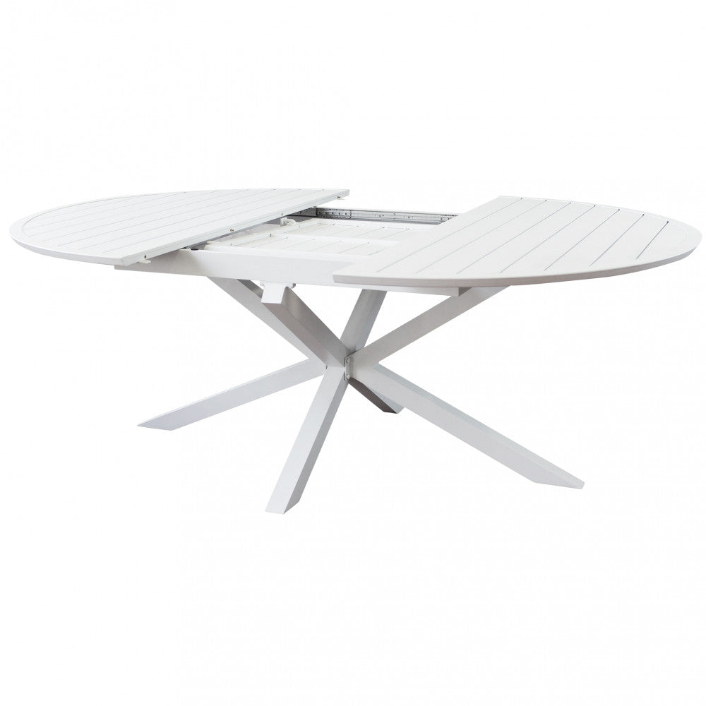 Tavolo rotondo allungabile da esterno Camelot boianco in alluminio, diametro variabile da 150 a 204 cm.