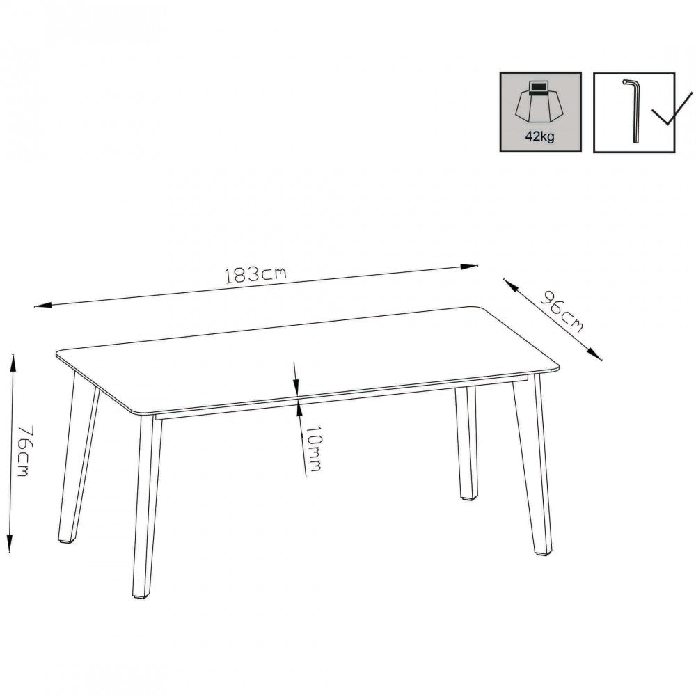 Disegno tecnico del tavolo Cancun con quote dimensionali che indicano 183 cm di lunghezza, 96 cm di larghezza, 76 cm di altezza e un peso di 42 kg.