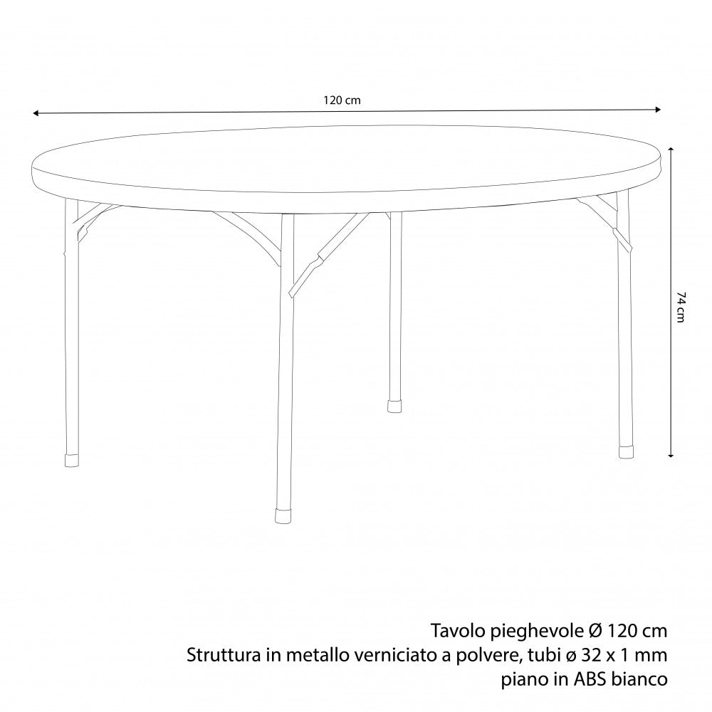 Disegno tecnico del tavolo da catering con dimensioni esatte, diametro di 120 cm e altezza di 74 cm.