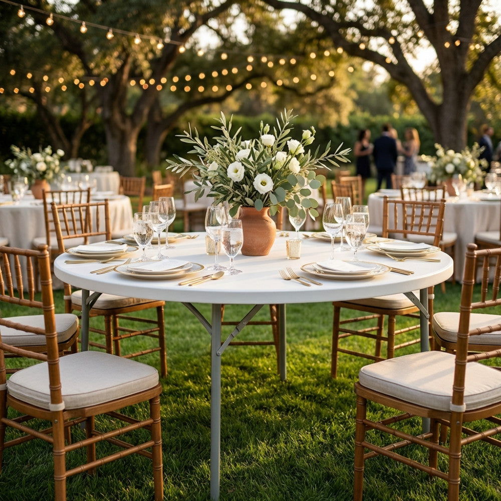 Tavolo da catering rotondo decorato con composizione floreale e sedie in legno stile chiavarina.