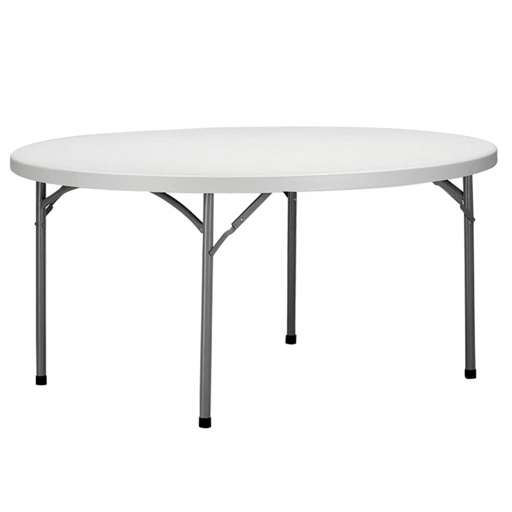 Tavolo da catering pieghevole bianco dal diametro di 120 cm isolato su sfondo neutro.