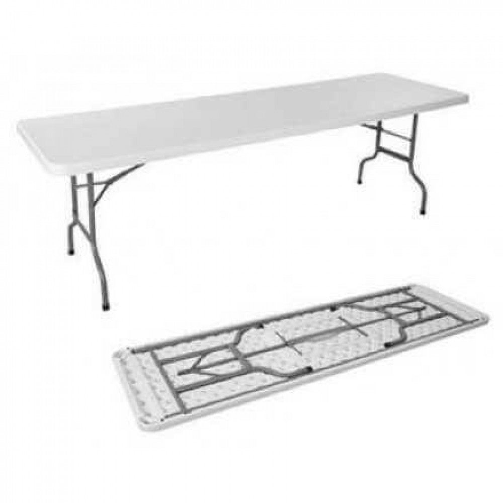 Tavolo da catering CT804530 mostrato sia aperto che chiuso, per illustrare la sua natura pieghevole e salvaspazio.