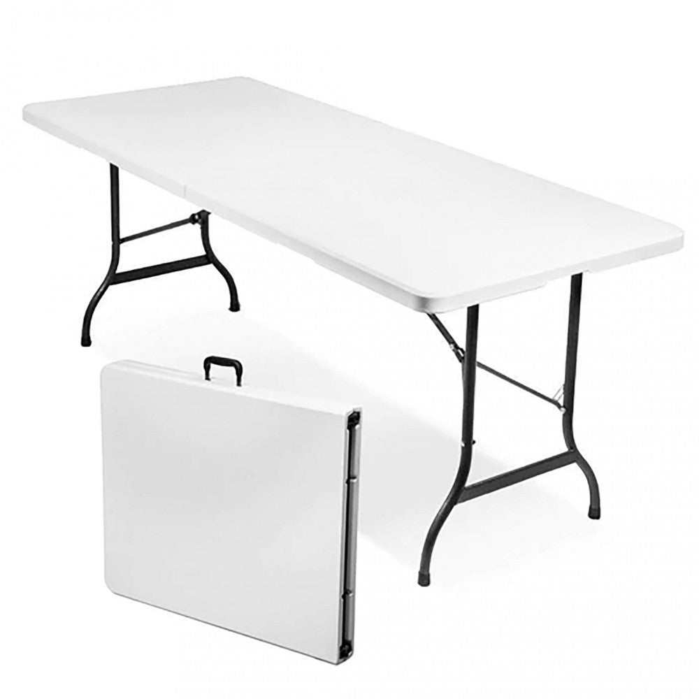 Tavolo catering pieghevole con piano rettangolare in ABS bianco e struttura in metallo grigio, 180x75 cm, ideale per eventi | Albert Stock
