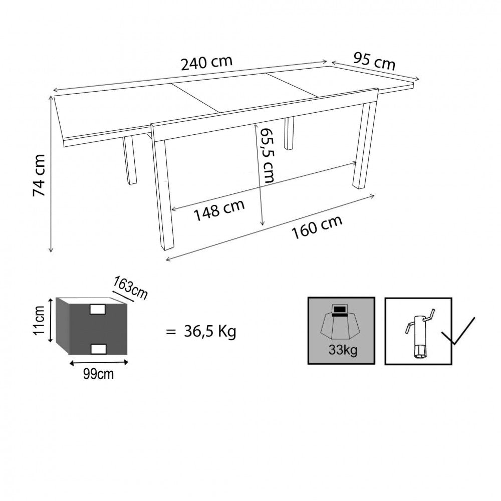 Disegno tecnico del tavolo Cayman con dimensioni dettagliate e specifiche di imballaggio.