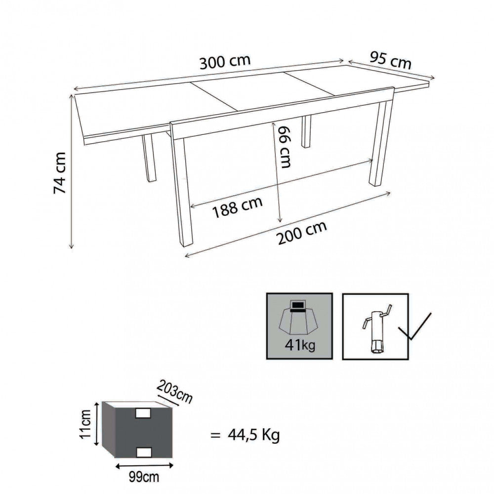 Disegno tecnico del tavolo Cayman con quote e dimensioni dettagliate in centimetri.