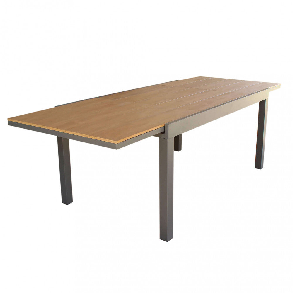 Tavolo da giardino Cayman allungabile in polywood effetto teak e alluminio taupe, ideale per esterni | Albert Stock