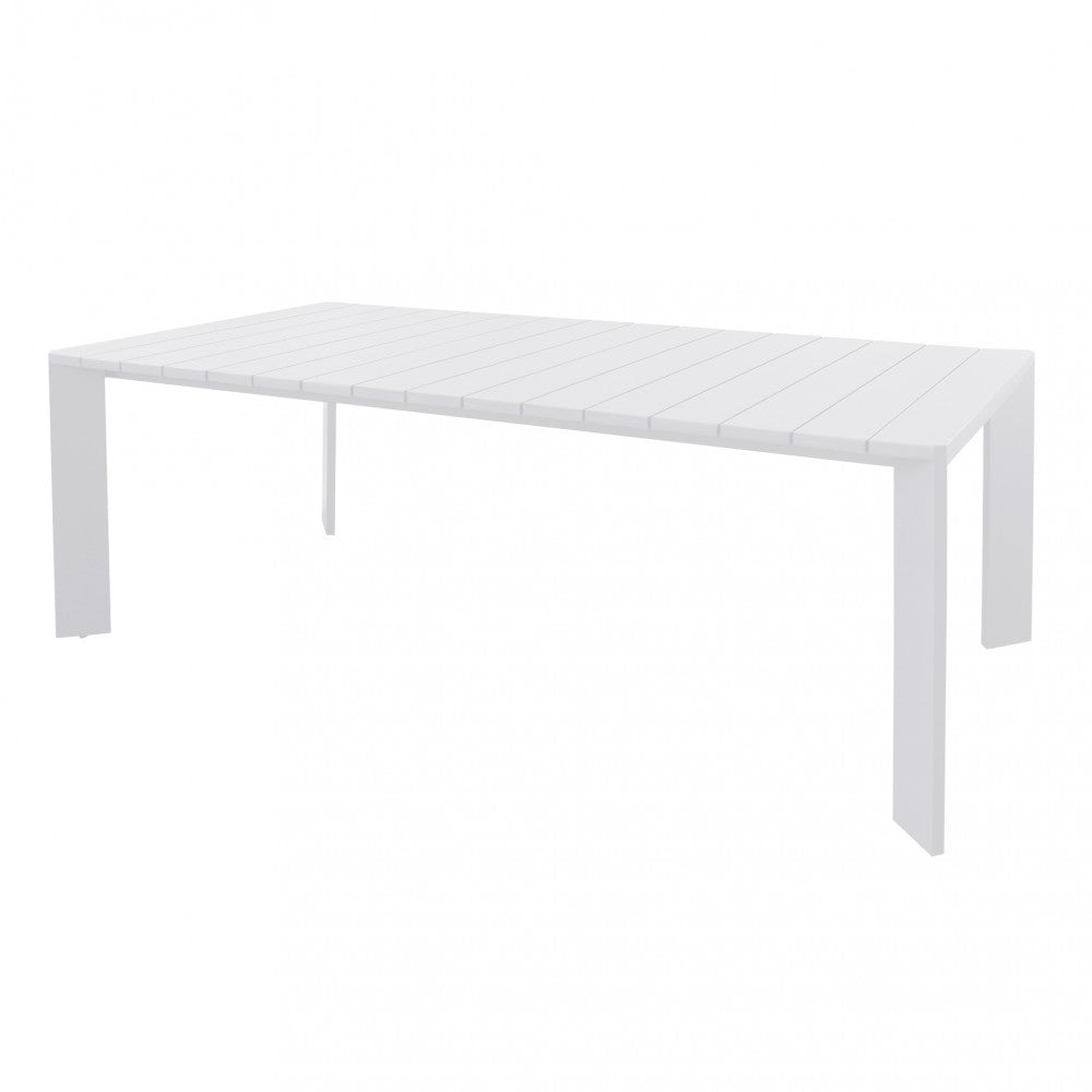 Vista angolare del tavolo Connecticut in alluminio bianco, che evidenzia la struttura geometrica e le gambe solide su sfondo neutro.