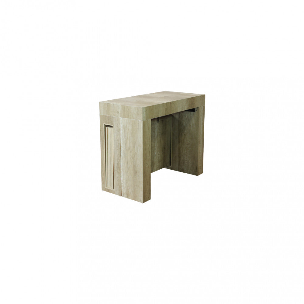 Tavolo consolle Darius completamente chiuso, design salvaspazio in finitura rovere grigio.
