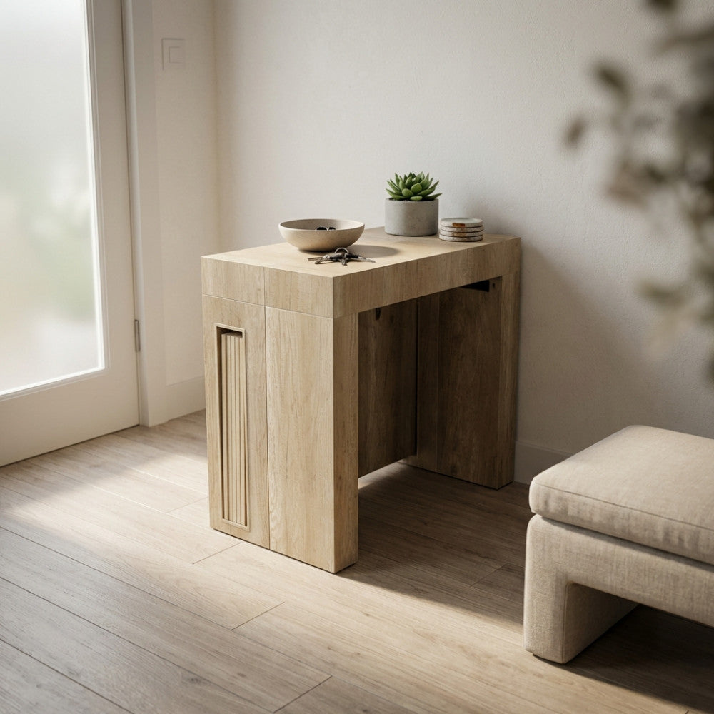 Tavolo consolle Darius chiuso, utilizzato come elegante mobile da ingresso con decorazioni minimaliste.