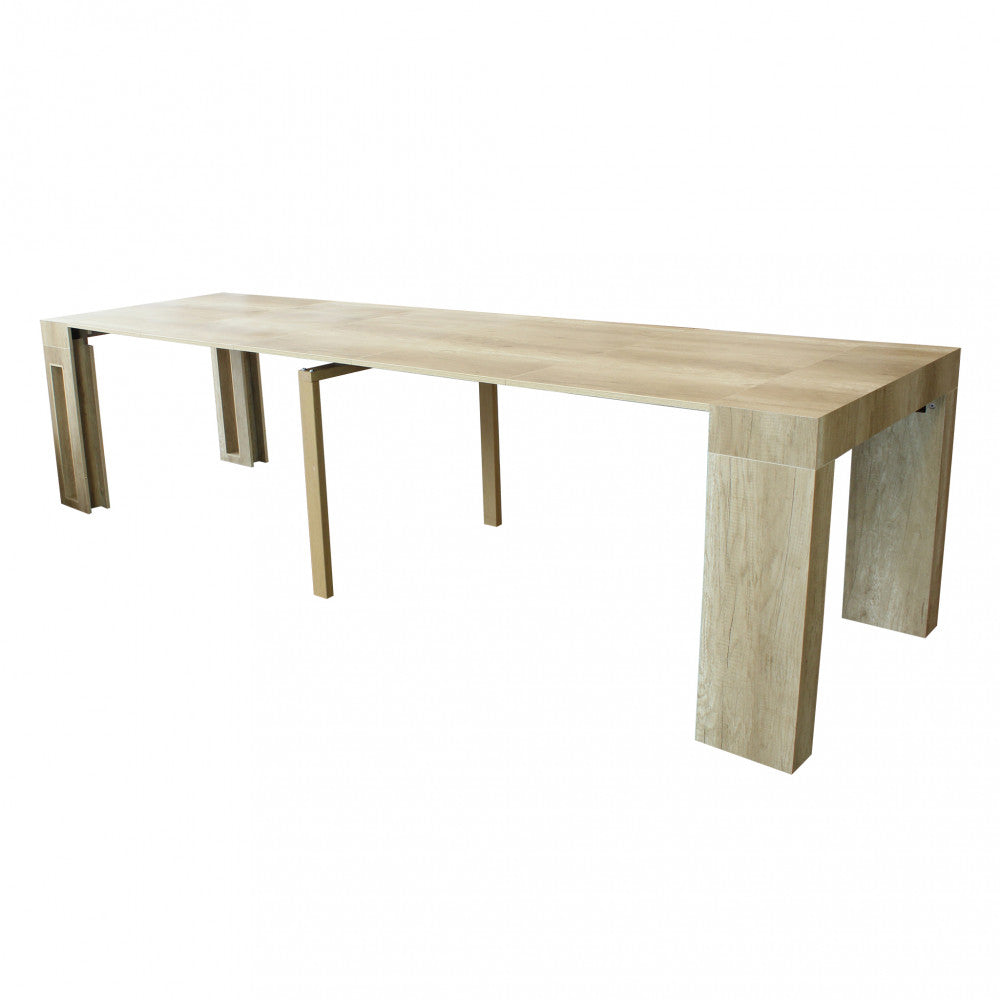 Tavolo consolle Darius completamente esteso, vista laterale che mostra la struttura in rovere grigio.