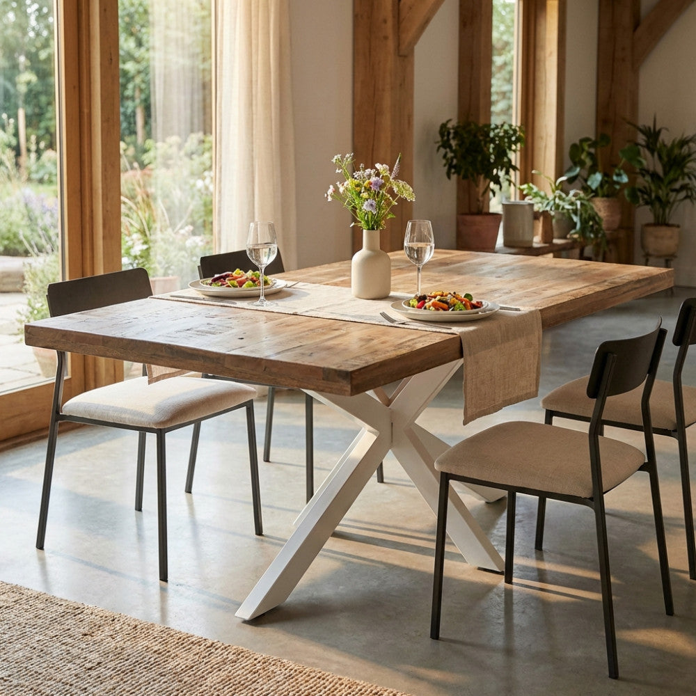 Dettaglio del tavolo da pranzo Corey allestito per un pasto in una sala da pranzo dal design rustico-chic.