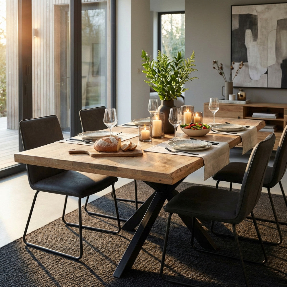 Tavolo da pranzo Corey in legno e metallo allestito in una luminosa sala da pranzo moderna con sedie scure.