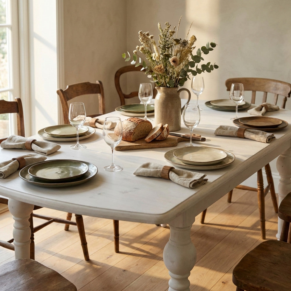 Dettaglio della tavola apparecchiata sul tavolo in legno bianco, con ceramiche artigianali, calici di vino e un vaso di fiori secchi.