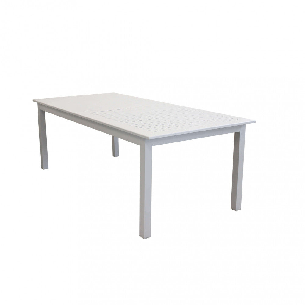 Tavolo da giardino Cuba in alluminio tortora nella sua configurazione chiusa da 220 cm su sfondo bianco.