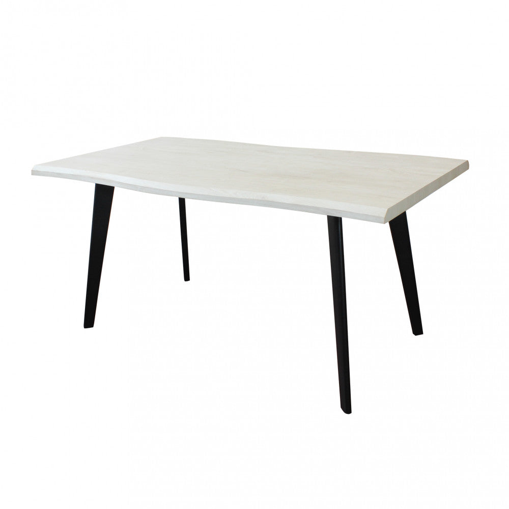 Vista frontale del tavolo fisso Dalbert con piano bianco e gambe nere a contrasto.