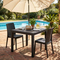 Tavolo da giardino Dallas in wicker antracite allestito a bordo piscina con sedute coordinate e ombrellone.