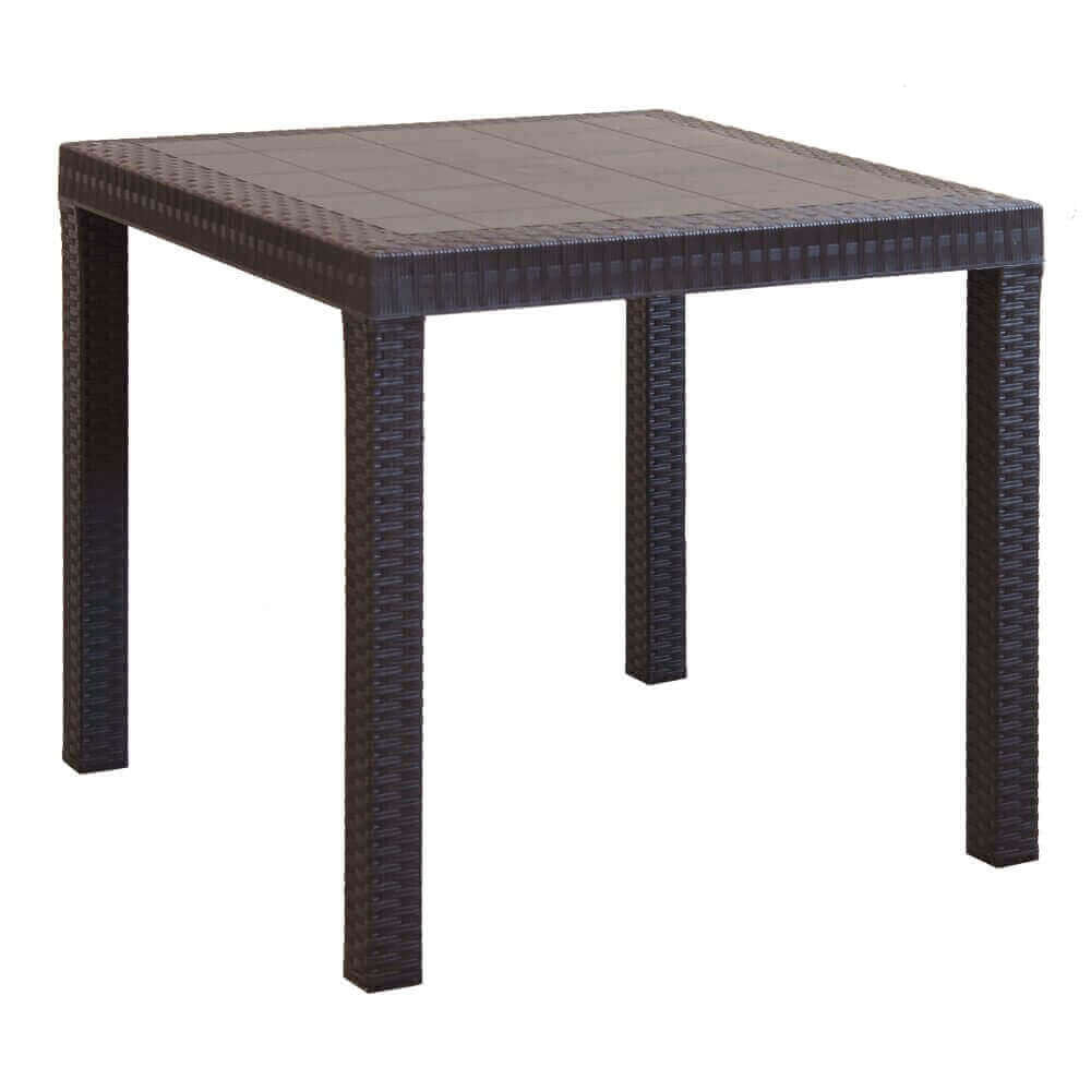 Vista frontale del tavolo da giardino Dallas 80x80, che evidenzia la struttura fissa e l'intreccio in wicker marrone.