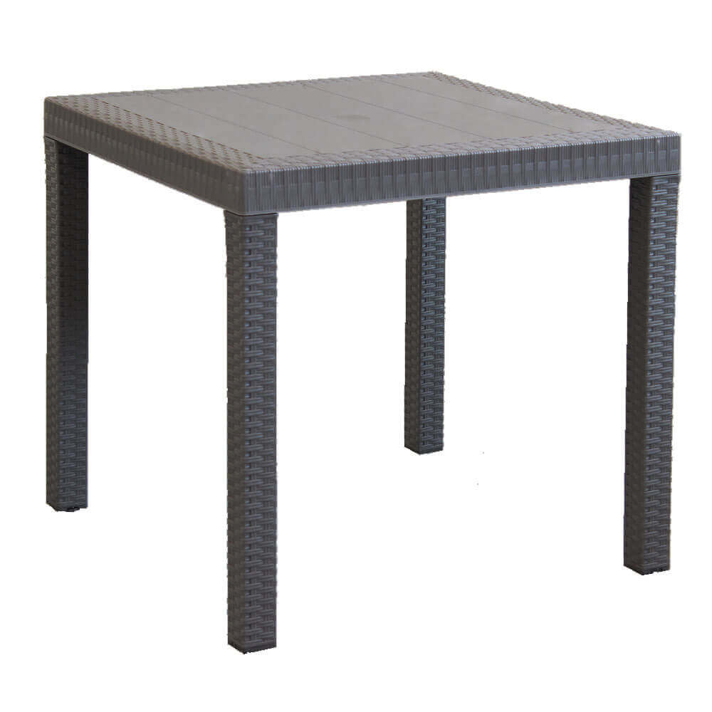 Vista frontale del tavolo fisso Dallas 80x80, che mostra la struttura intrecciata e le gambe robuste.