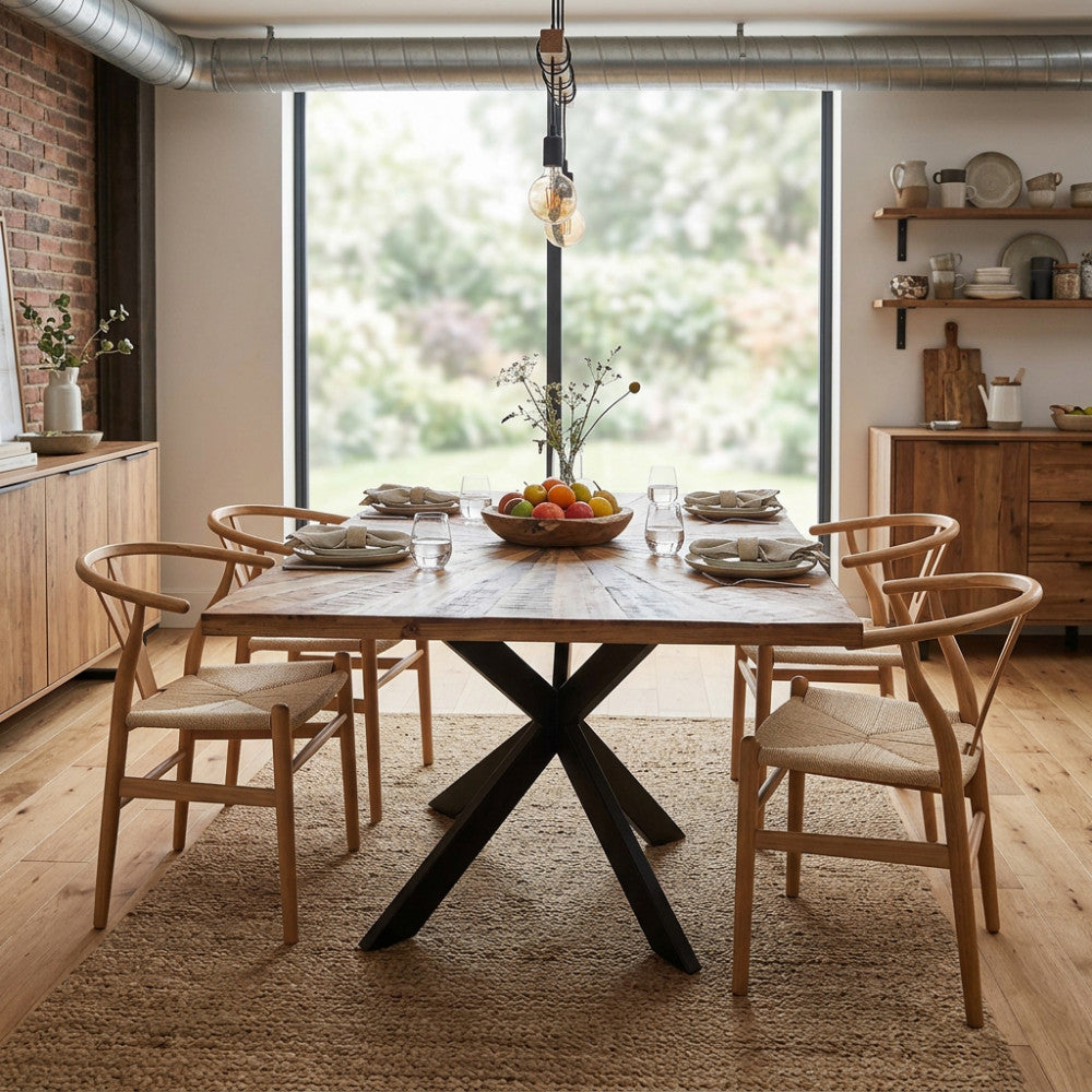 Tavolo da pranzo Dannie in legno e metallo ambientato in una sala luminosa con sedie in legno intrecciato.