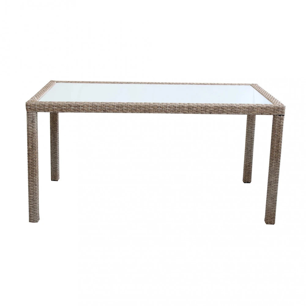Tavolo da pranzo Azore 150x90 Marrone, struttura in alluminio rivestita in polyrattan e piano in vetro temperato, vista frorntale