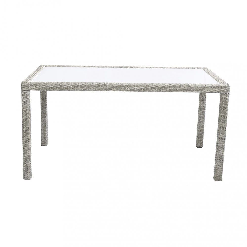 Tavolo da pranzo Azore 150x90 Grigio Chiaro, struttura in alluminio rivestita in polyrattan e piano in vetro temperato, vista frontale