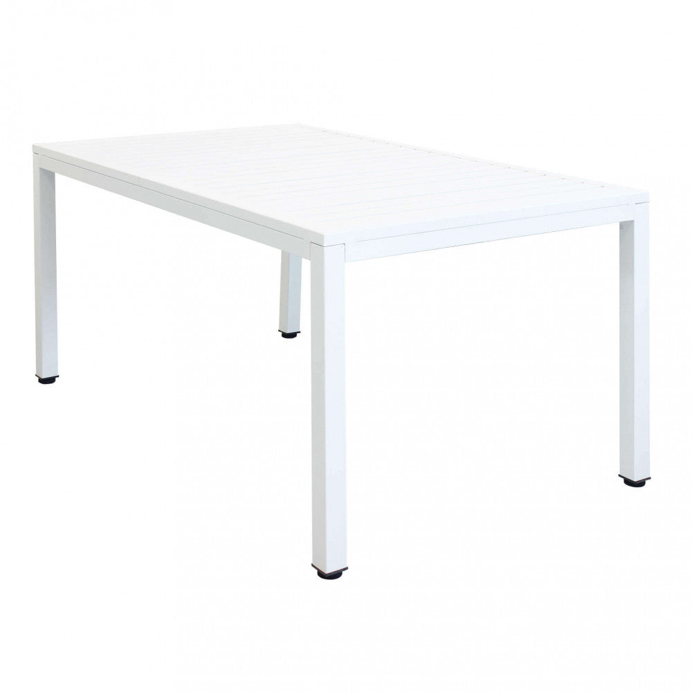 Tavolo Milo 150x90 cm in alluminio bianco, ambientato su una terrazza con sedie abbinate, che ne evidenzia il design pulito e la stabilità | Albert Stock