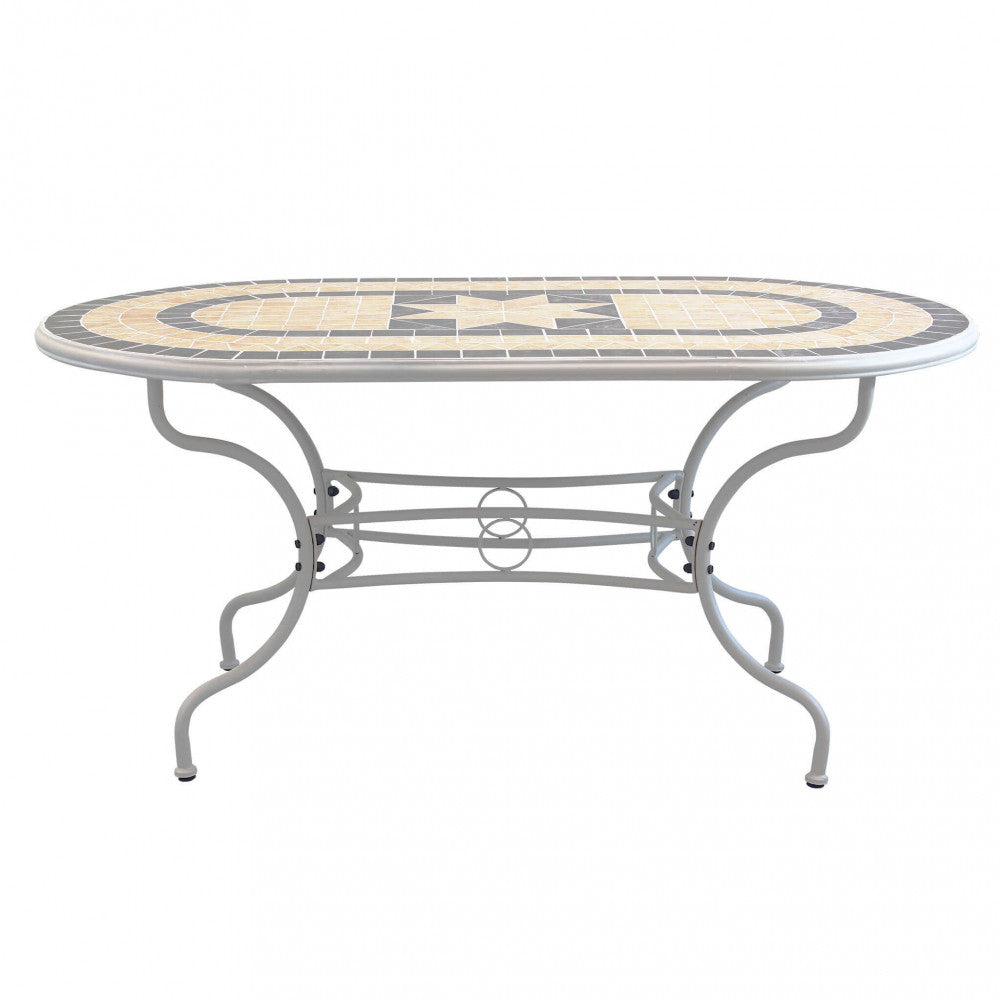 Tavolo fisso per esterni Perse, con base in ferro verniciato tortora e piano ovale decorato, ideale per giardini e terrazze | Albert Stock