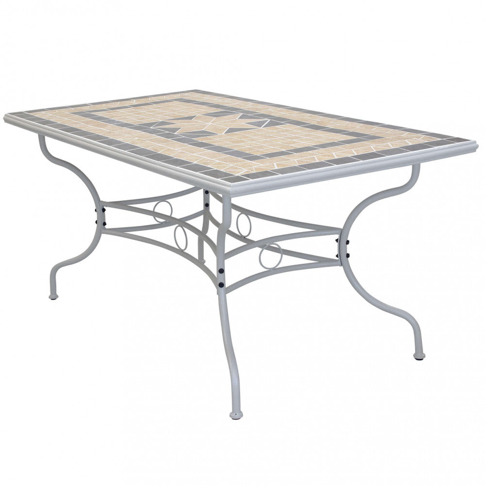 Tavolo fisso per esterni Perse, con base in ferro verniciato tortora e piano decorato, ideale per giardini e terrazze | Albert Stock