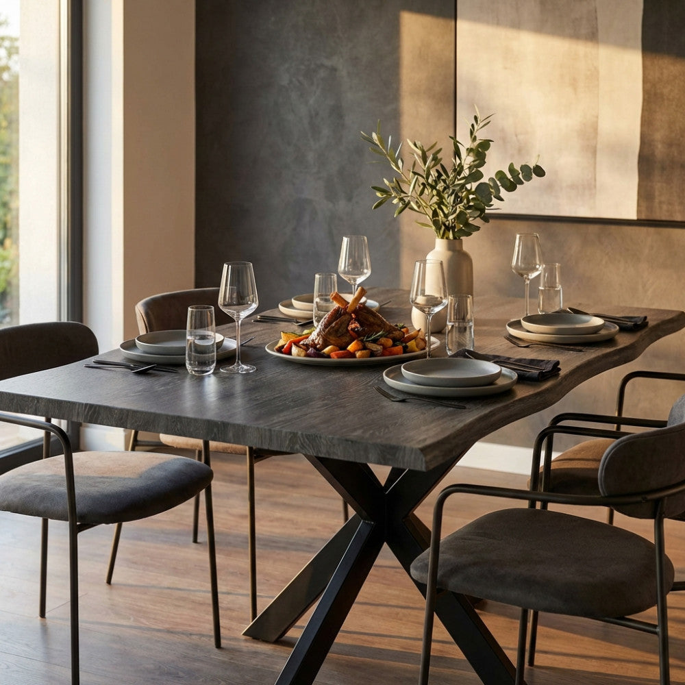Tavolo da pranzo Floyd antracite allestito con sedute scure in una sala moderna.