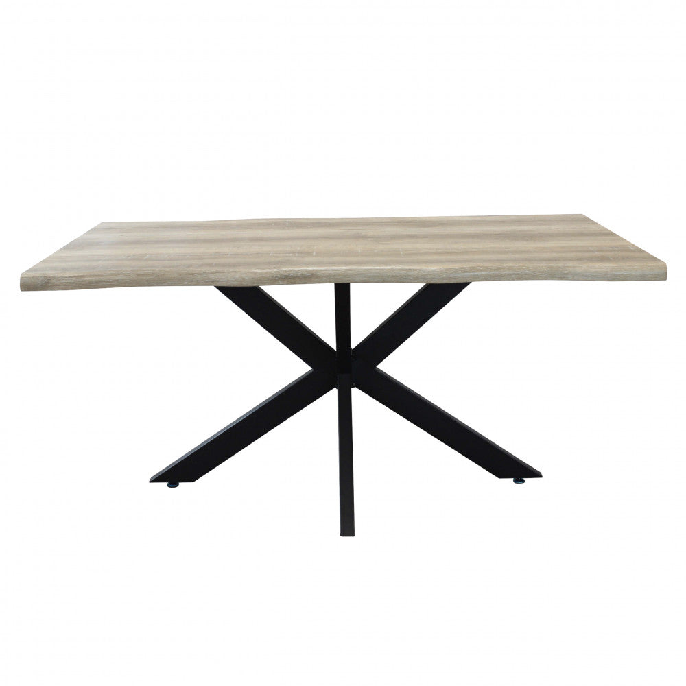 Profilo frontale del tavolo da pranzo fisso con base a stella e piano effetto legno naturale.