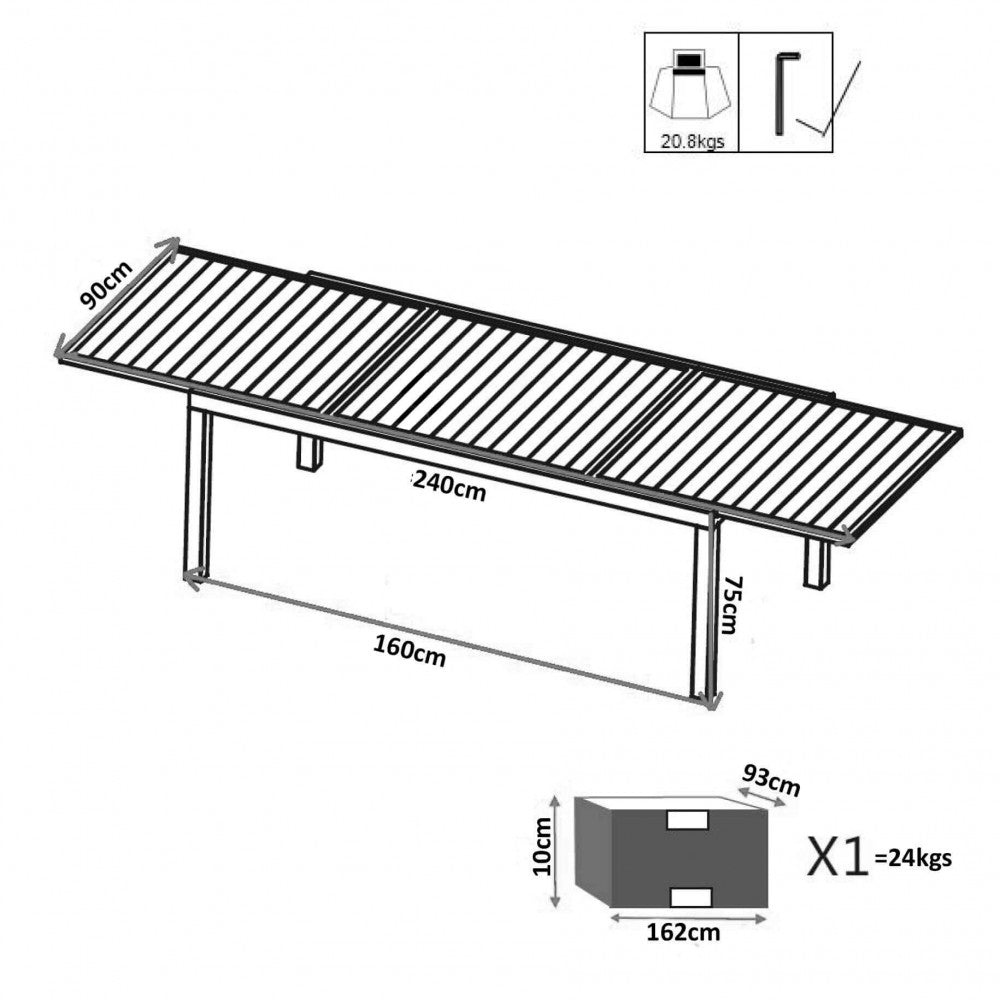 Disegno tecnico del tavolo Formentera con dimensioni dettagliate di 160/240x90x75 cm e specifiche di imballaggio.