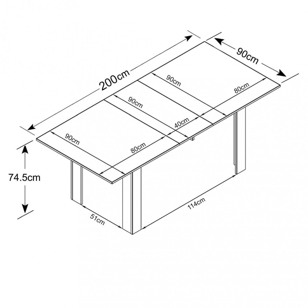 Disegno tecnico del tavolo da pranzo allungabile Gemma con dimensioni dettagliate di lunghezza, larghezza e altezza.