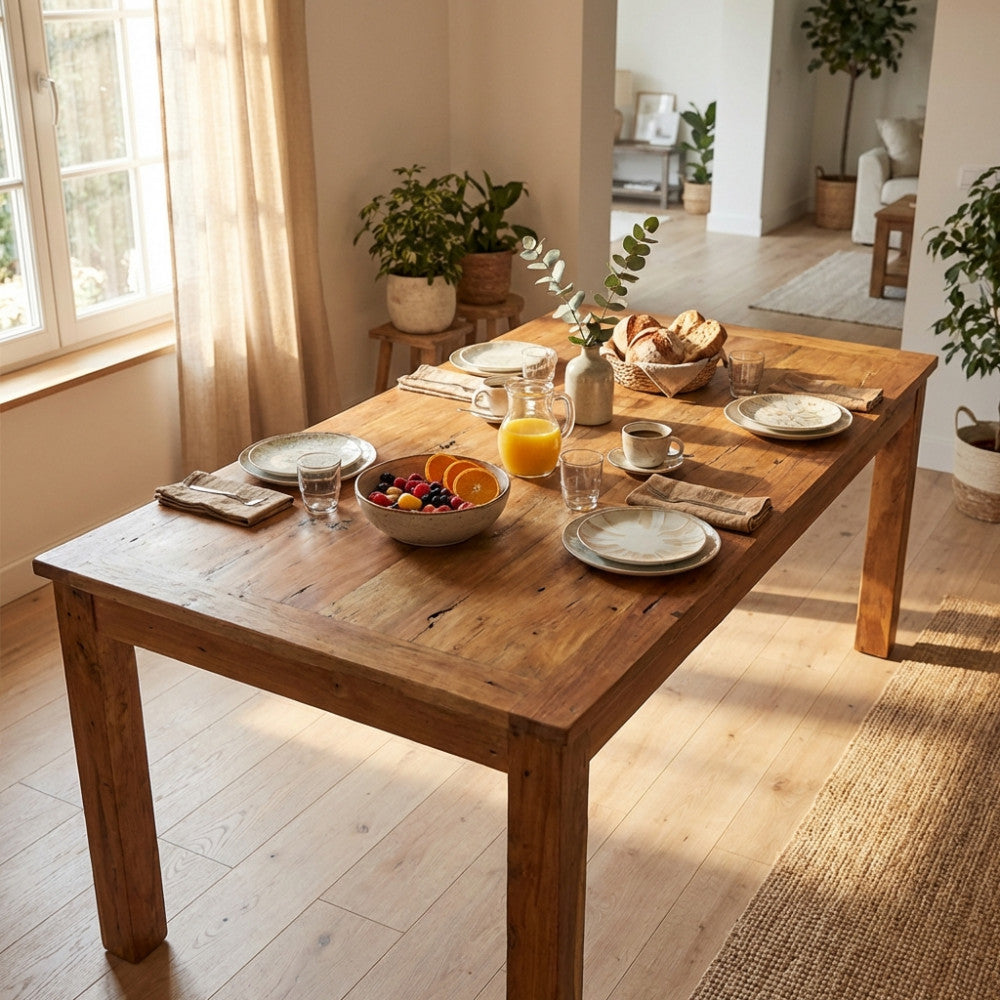 Tavolo da pranzo Gideon in legno riciclato marrone, allestito per una colazione luminosa in un ambiente domestico elegante.