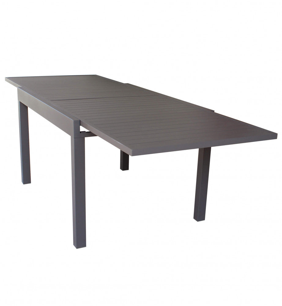 Tavolo da giardino Hawaii allungabile in alluminio taupe, vista angolare isolata su sfondo bianco.