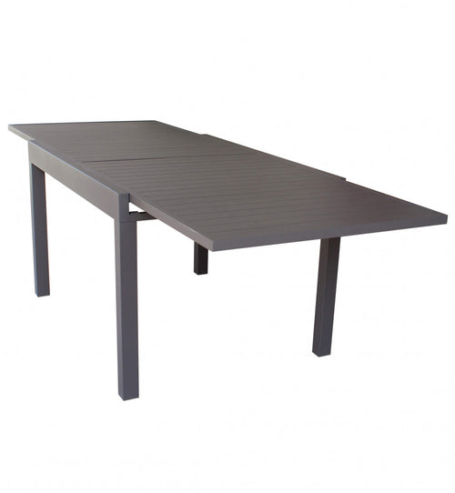 Tavolo da giardino Hawaii allungabile in alluminio taupe, vista angolare isolata su sfondo bianco.