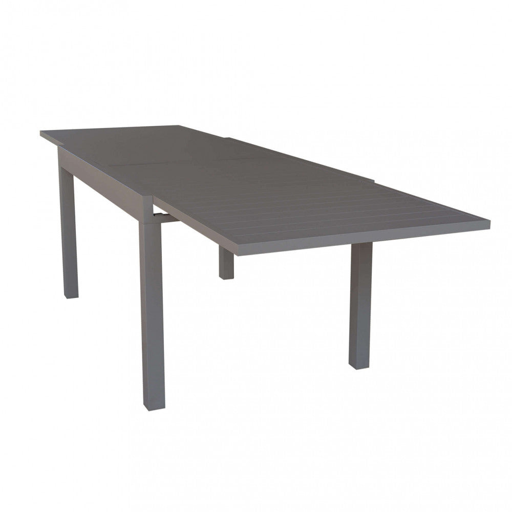 Tavolo da giardino Hawaii allungabile in alluminio taupe, vista prospettica su sfondo bianco.