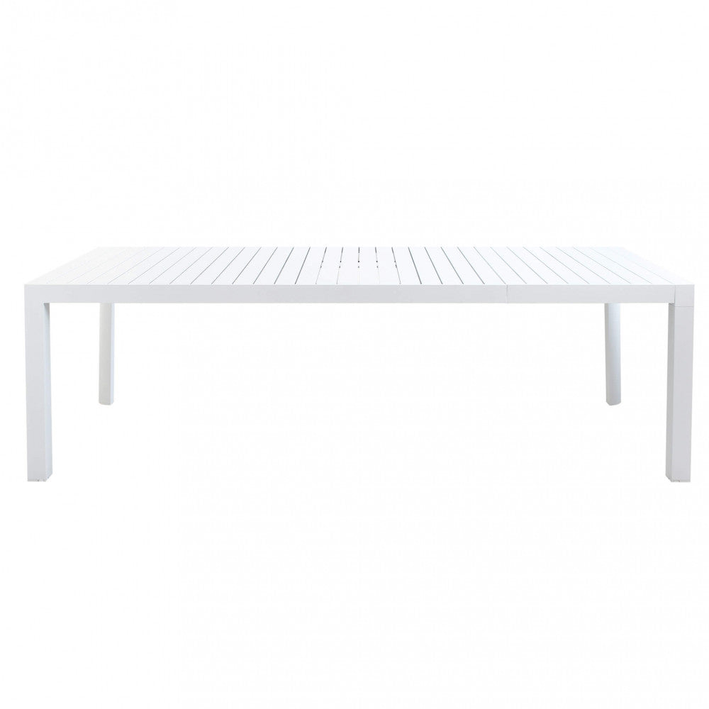 Tavolo Houston completamente esteso a 180 cm, mostrando la continuità delle doghe in alluminio bianco.