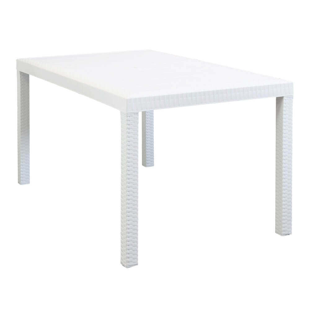 Vista prospettica del tavolo da giardino Houston in wicker bianco su fondo neutro, che evidenzia la trama intrecciata delle gambe.