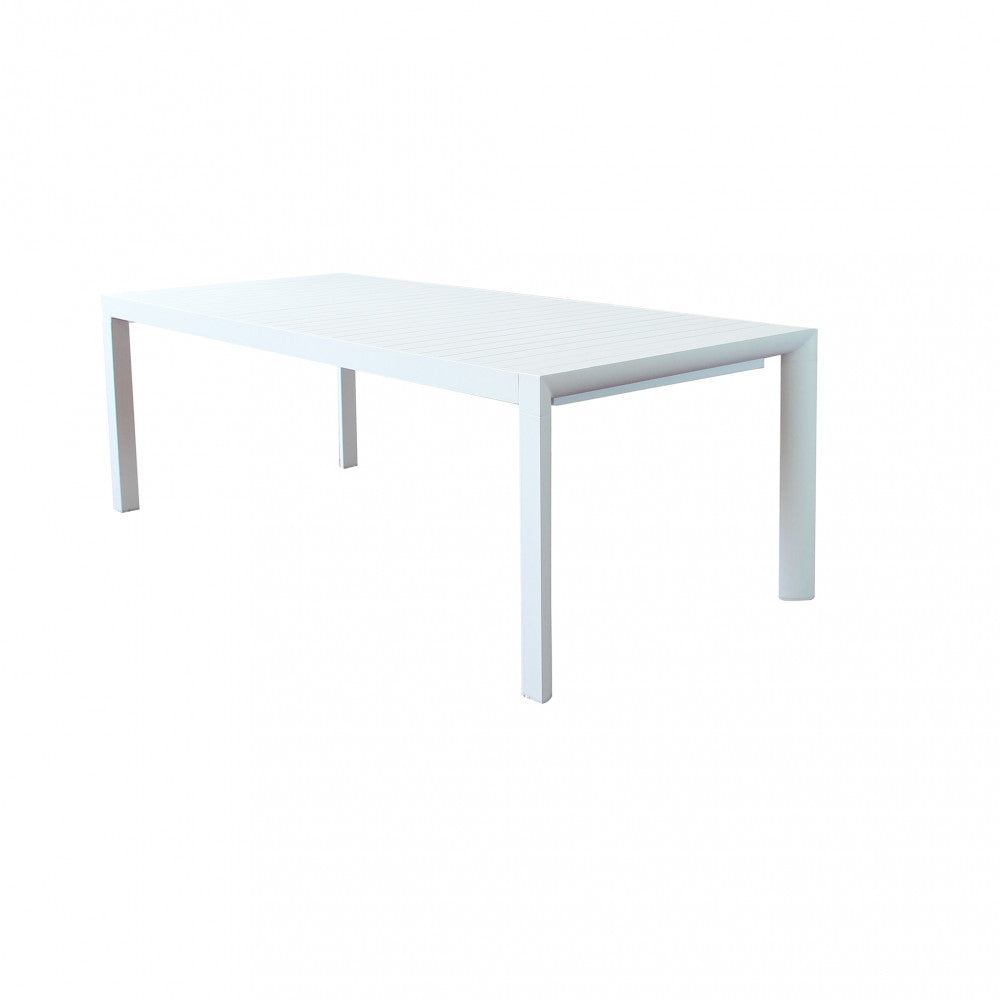 Prospettiva angolare del tavolo da giardino Houston in alluminio bianco su sfondo neutro.