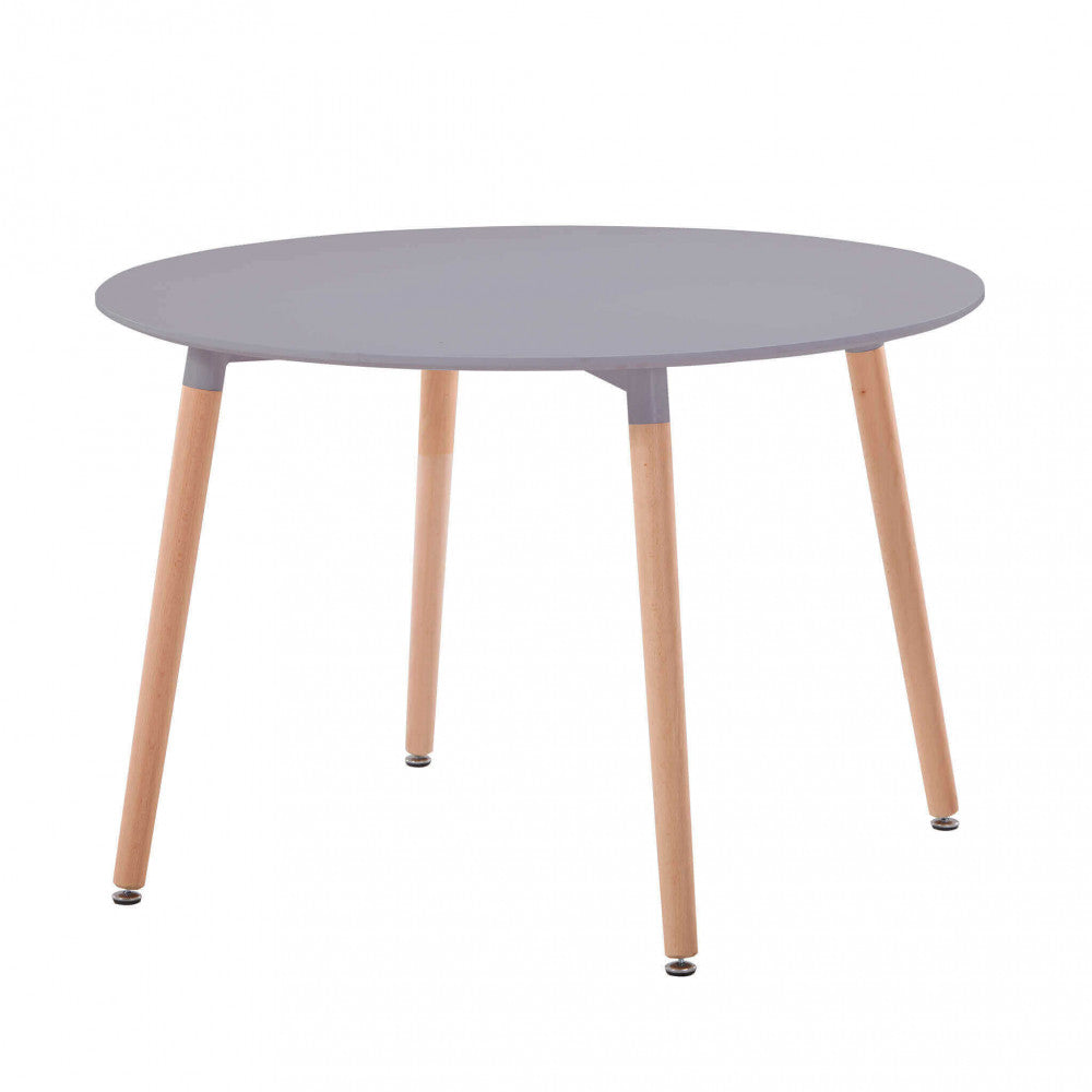 Vista frontale del tavolo da pranzo Lione grigio con gambe in legno naturale su sfondo bianco.