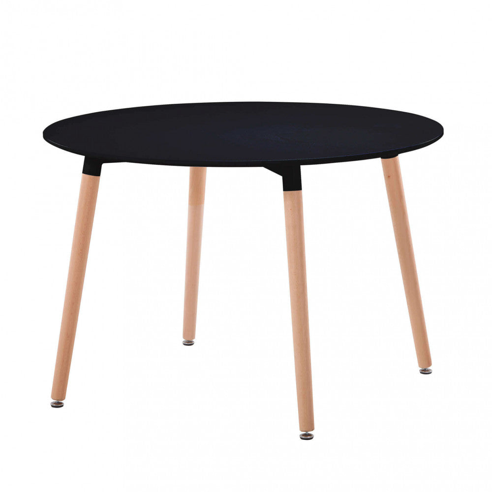 Vista frontale del tavolo rotondo nero con gambe in legno chiaro, isolato su sfondo bianco.