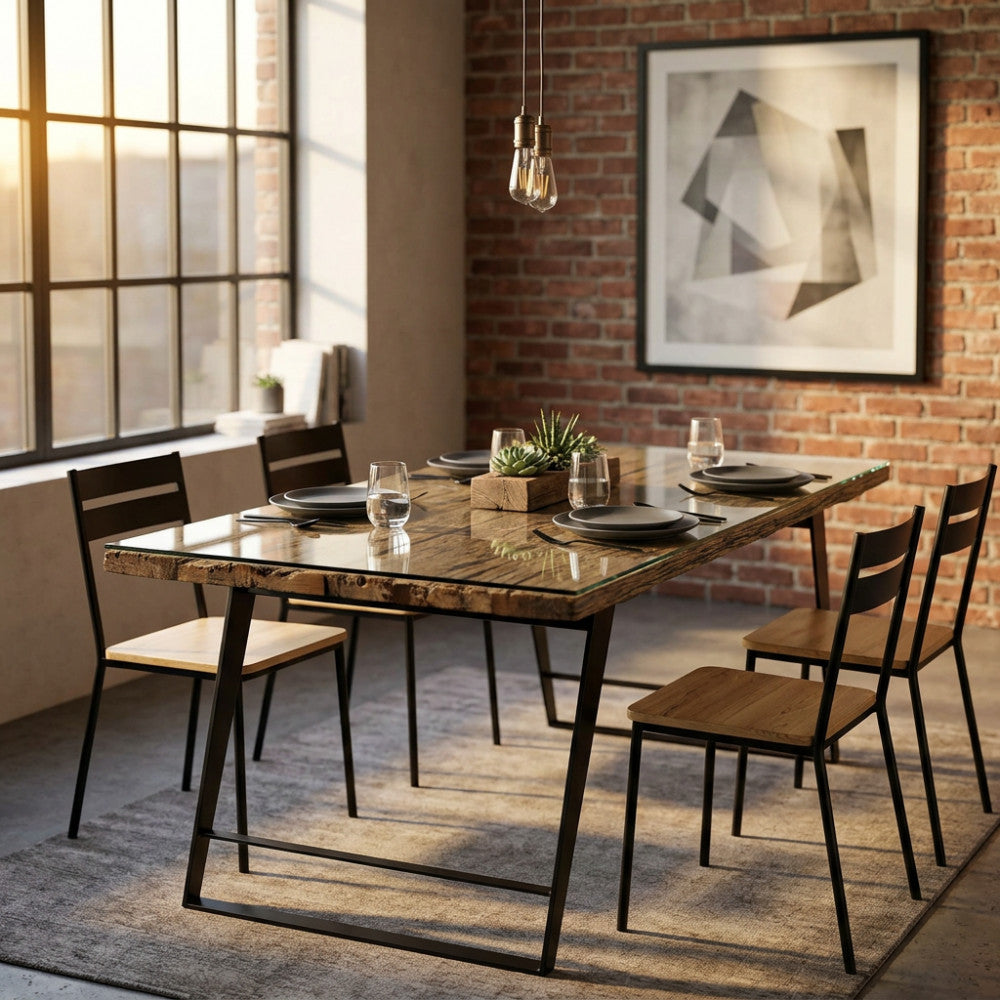 Tavolo da pranzo Matthew in legno e vetro ambientato in un loft industriale con sedie nere.