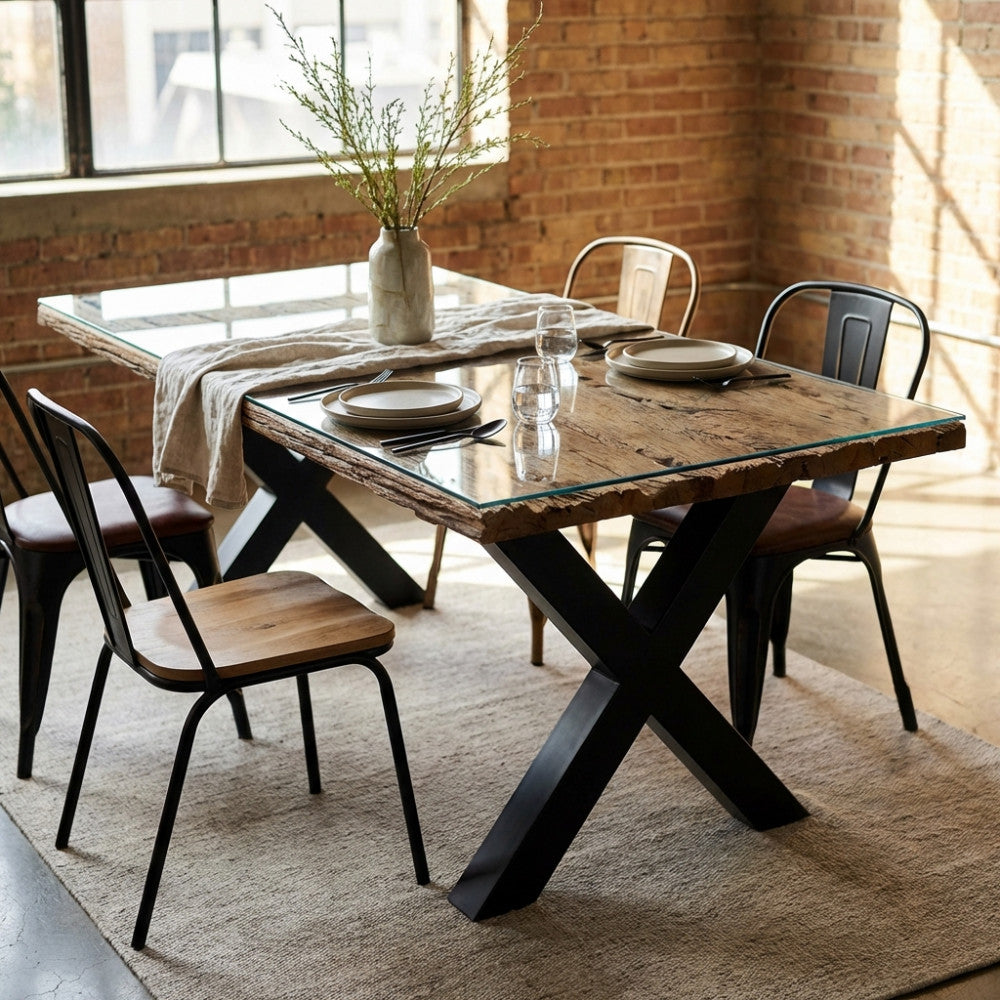 Tavolo da pranzo Maverick in legno e vetro ambientato in un loft luminoso con sedie in metallo.