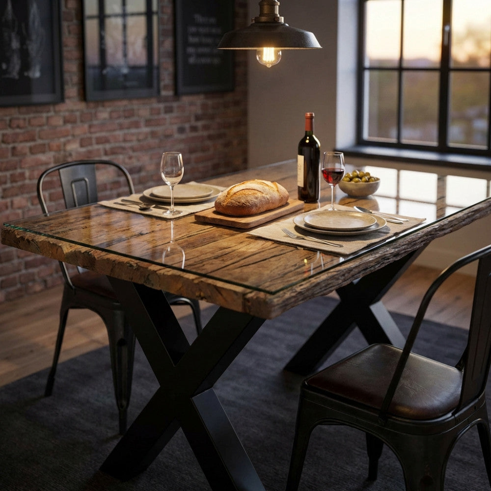 Tavolo da pranzo moderno in legno rustico e vetro in un'atmosfera serale con mattoni a vista.