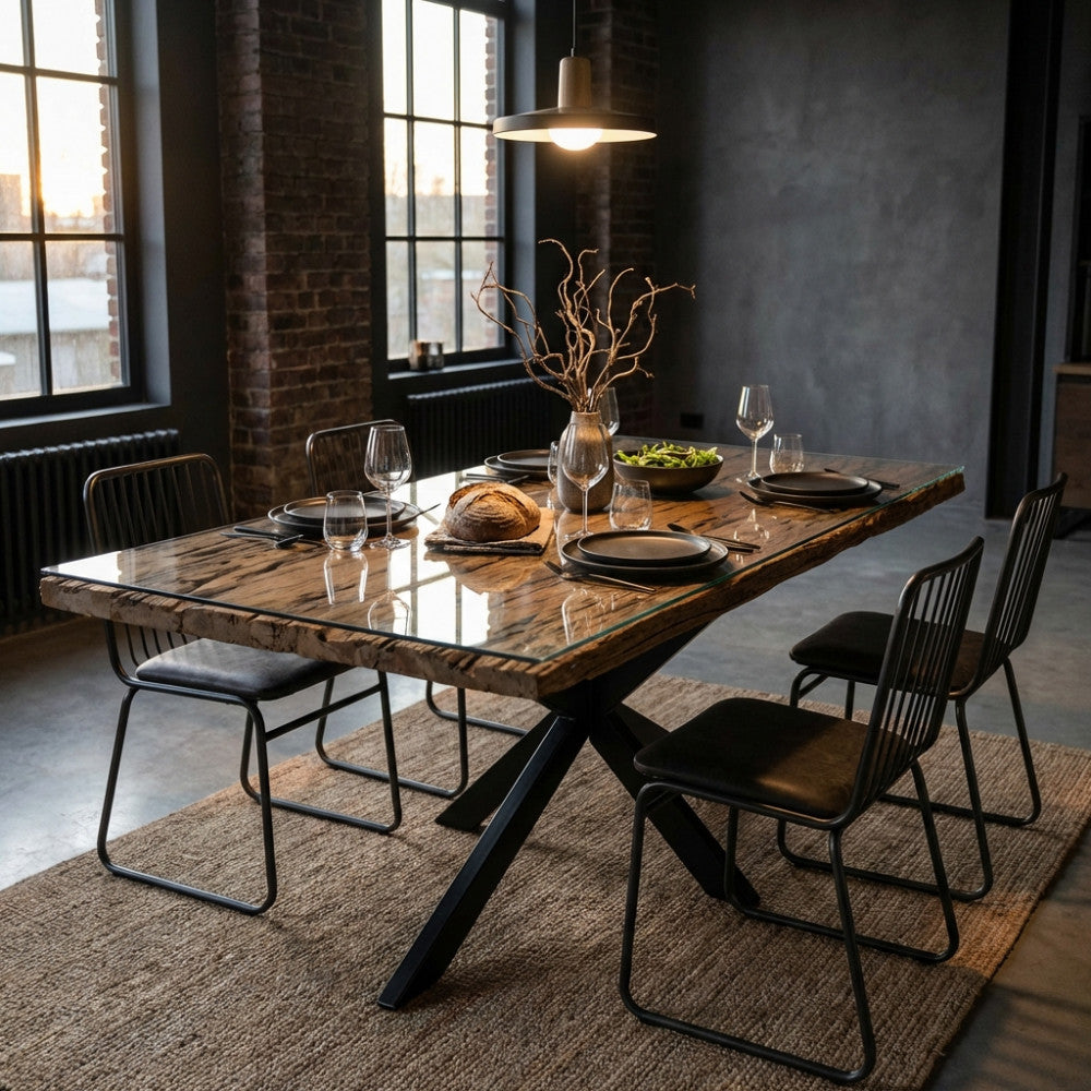 Dettaglio del tavolo Norman 200x100 con mise en place elegante, stoviglie scure e luce naturale.