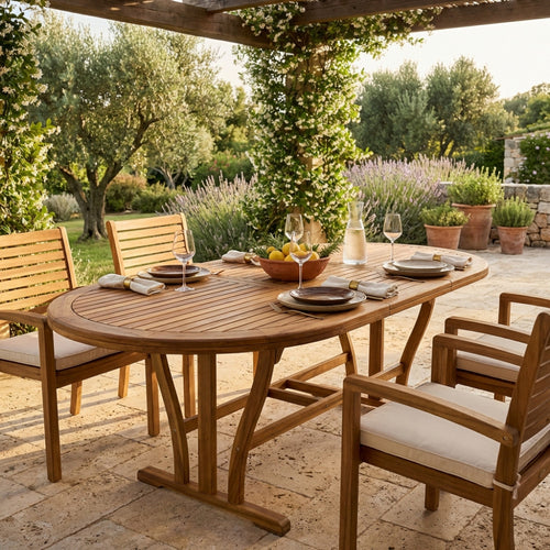 Tavolo ovale allungabile Cosma Double in legno di acacia massiccio, vista frontale.