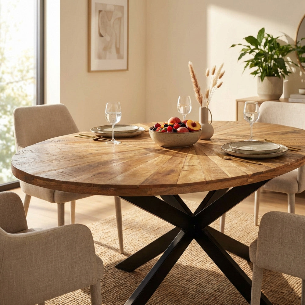 Dettaglio del top in legno a raggiera del tavolo Colton con luce naturale e centrotavola.