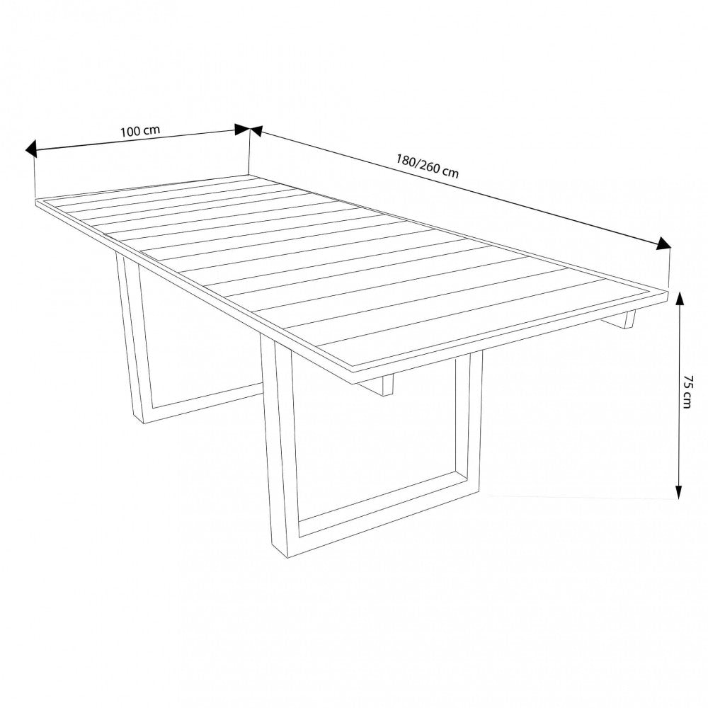 Disegno tecnico del tavolo da giardino in teak Parker con dimensioni: 180/260 cm di lunghezza, 100 cm di larghezza e 75 cm di altezza.