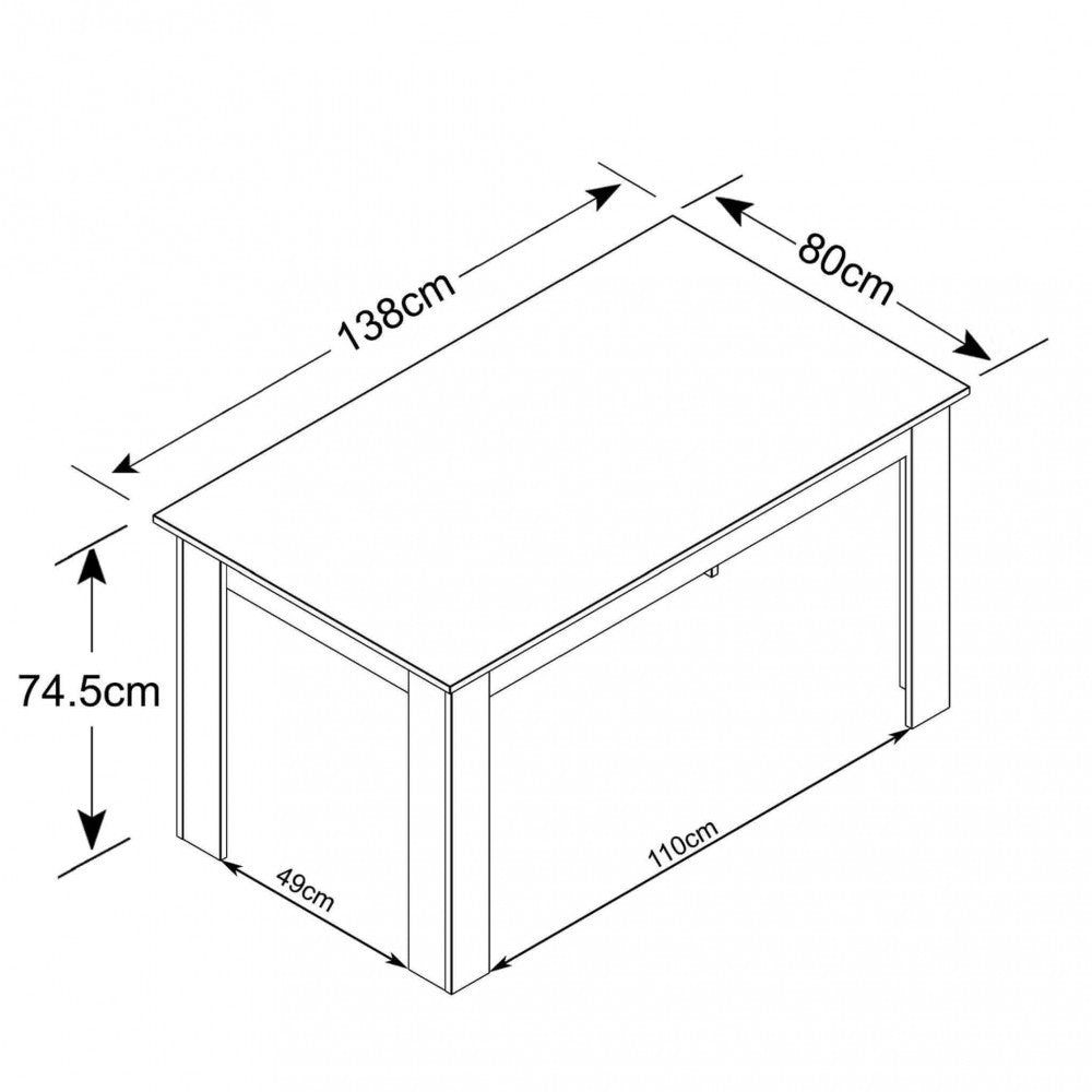 Disegno tecnico del tavolo da pranzo Pepper che illustra le dimensioni di 138 cm di lunghezza, 80 cm di larghezza e 74,5 cm di altezza.